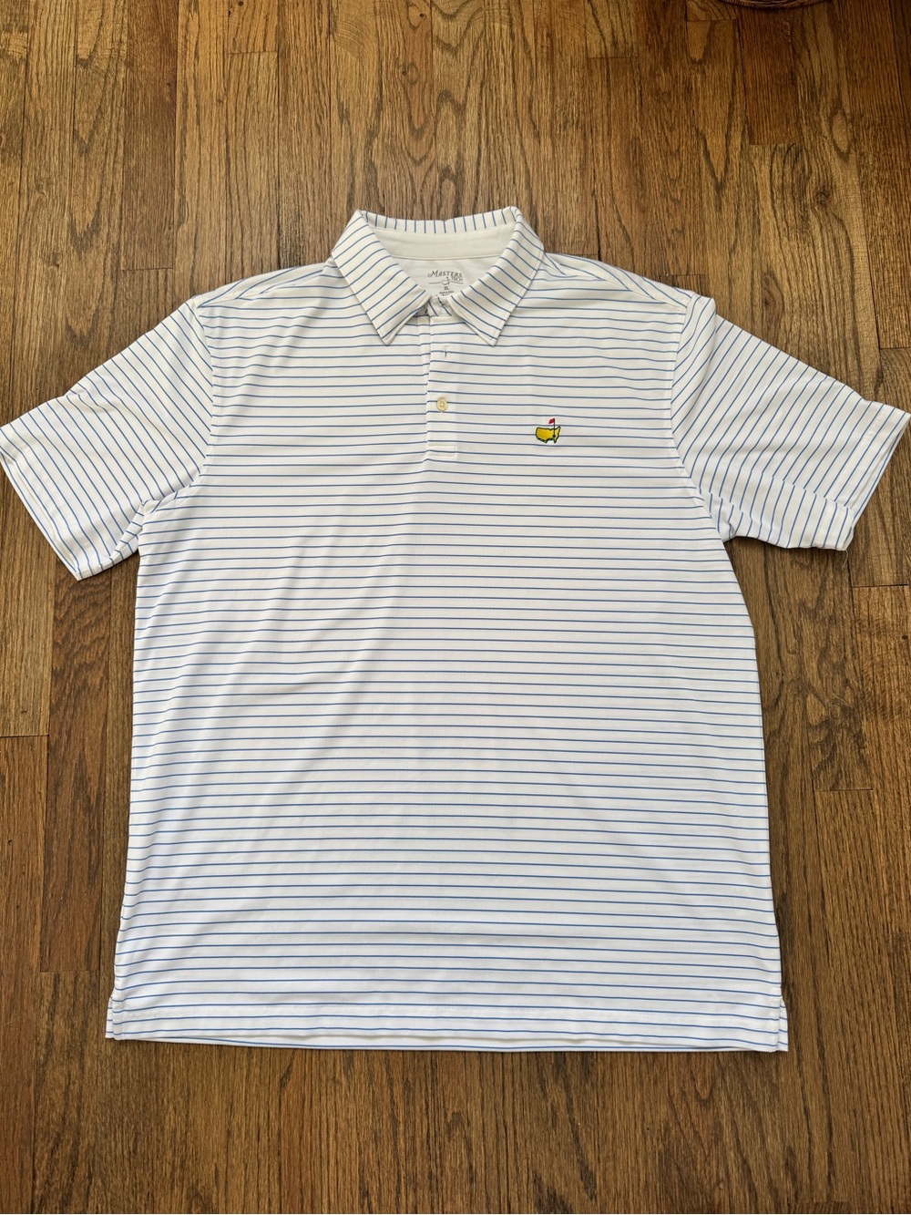 Masters Tech Augusta White Polo with Thin Blue Stripes and Logo